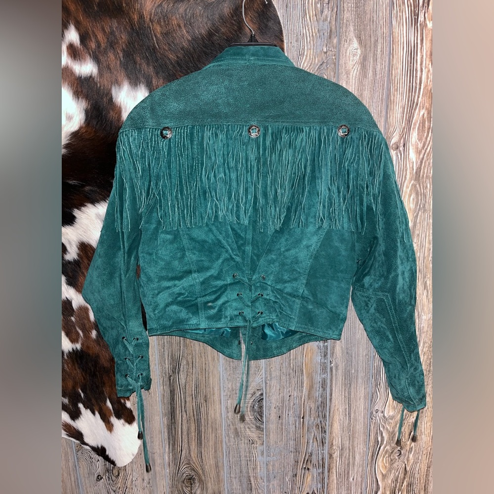 Hunt Club Teal Green Suede Fringe Leather Jacket - Picture 6 of 9